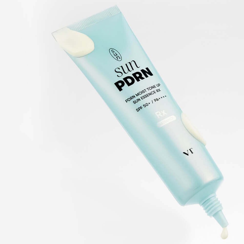 VT COSMETIC PDRN Moist Tone-Up Sun Essence RX 60ml in a light blue tube, ideal for sun protection and skin tone enhancement.