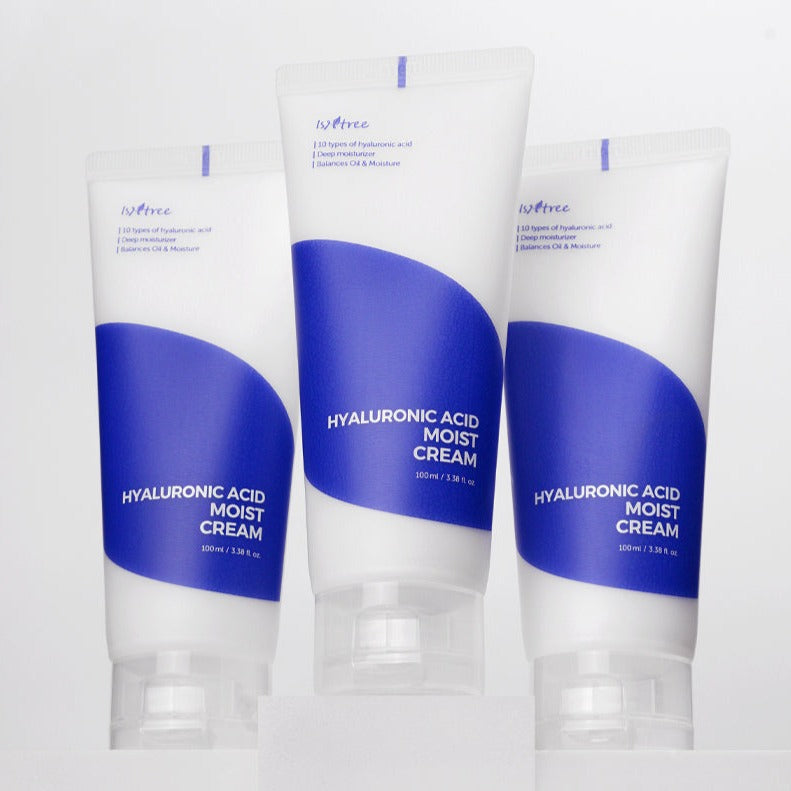 ISNTREE Hyaluronic Acid Moist Cream 100ml tubes displayed on a stand