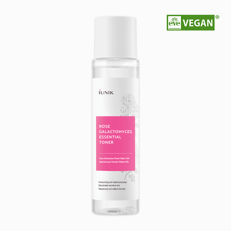 iUNIK Rose Galactomyces Essential Toner 200ml vegan skincare product bottle.