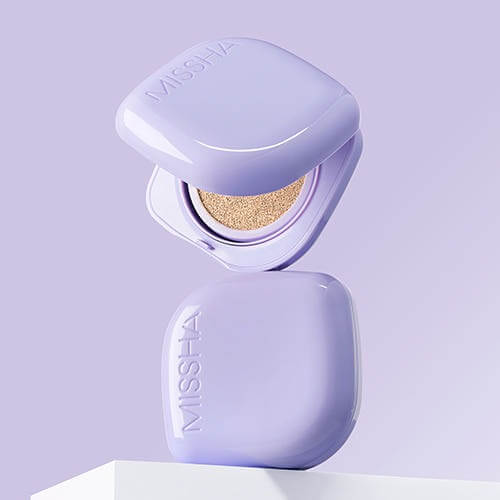 MISSHA Glow Layering Fit Cushion Semi Glow with SPF50+ in elegant purple packaging on display
