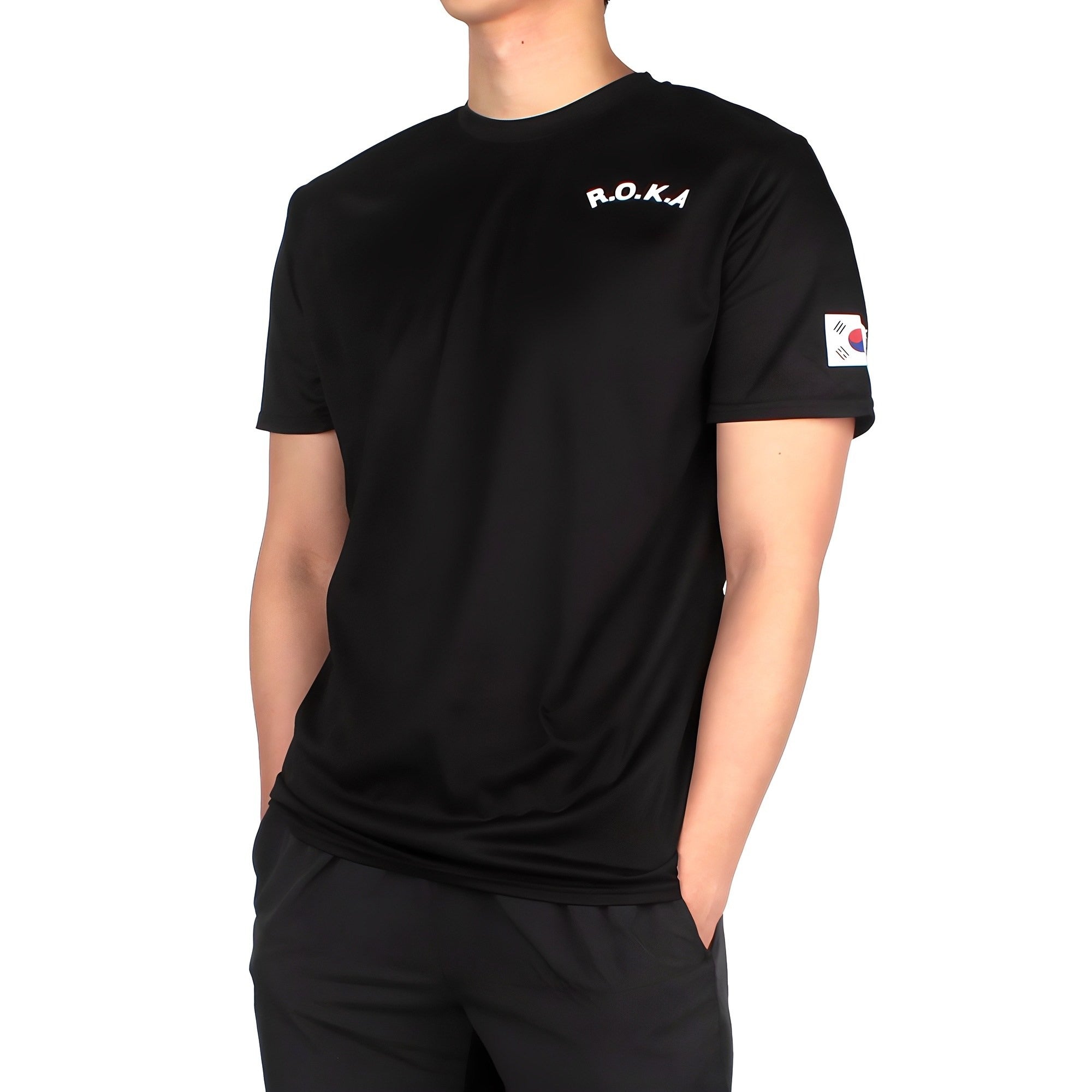 Man wearing black KOREA ARMY T-Shirt with R.O.K.A lettering and Korean flag patch on sleeve.