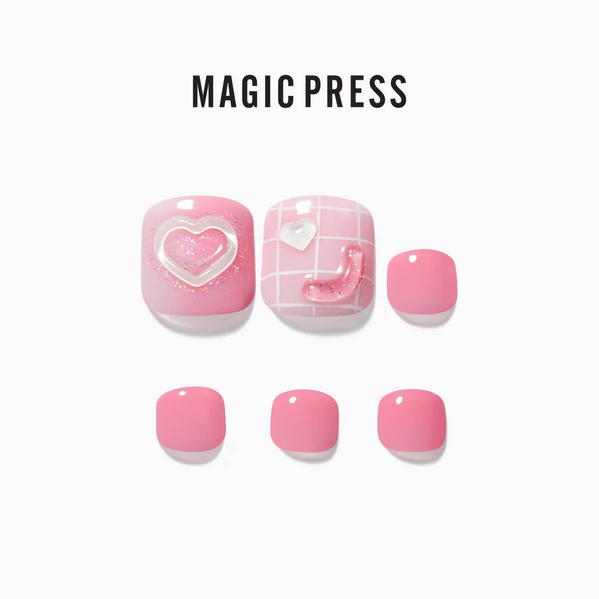 Set of DASHING DIVA MAGIC PRESS Love Joy pink press-on nails with heart accents and grid pattern.
