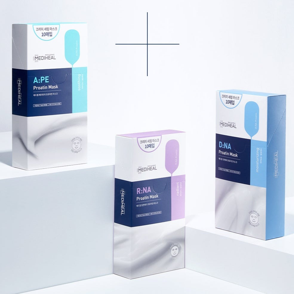 MEDIHEAL Proatin Mask packaging showcasing A:PE, R:NA, and D:NA Proatin Mask variants in a promotional setting.