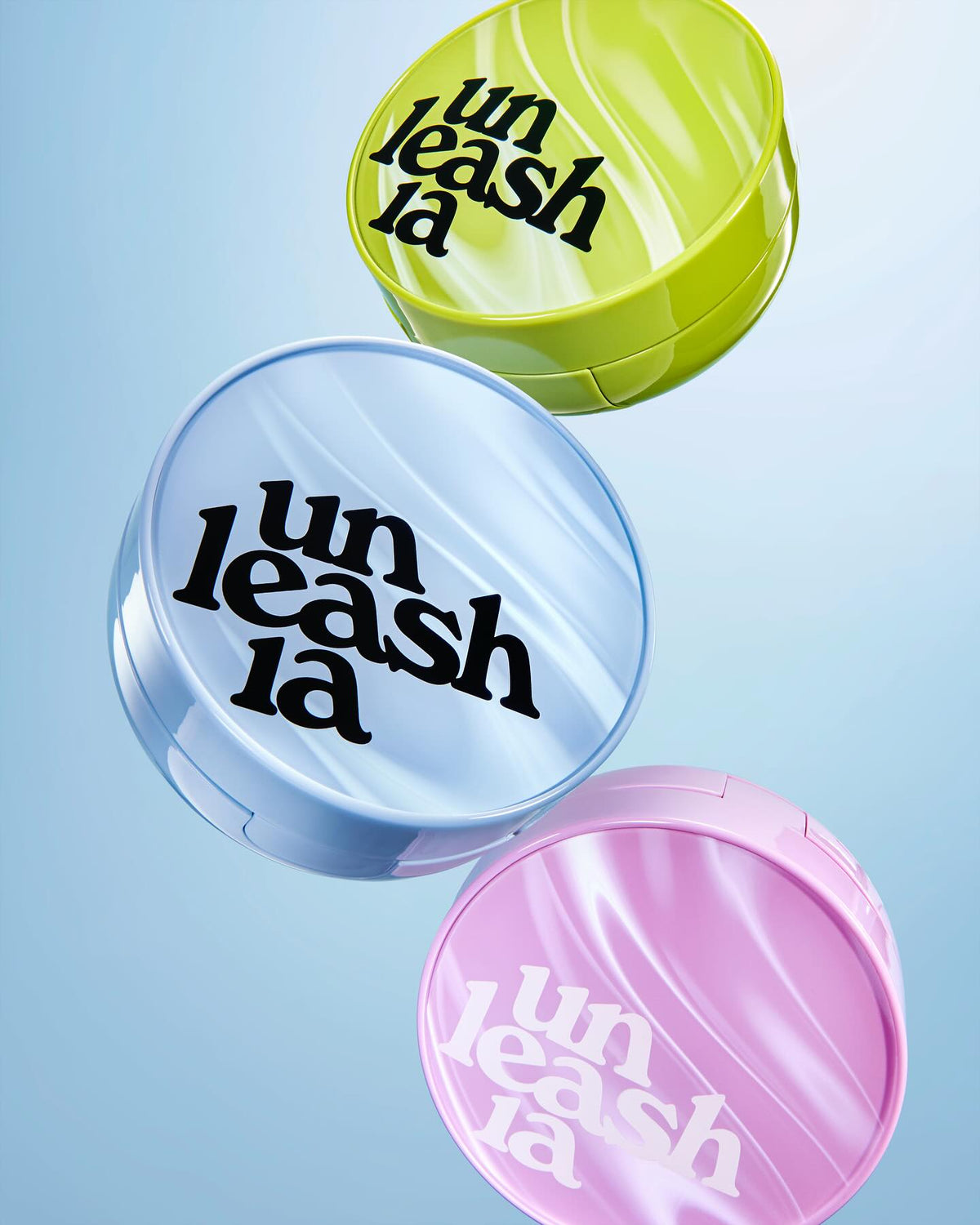 Unleash Your Radiance: Discover the UNLEASHIA Cushion, Now Available on KoolSeoul.com. Colorful UNLEASHIA cushions in green, blue, pink.