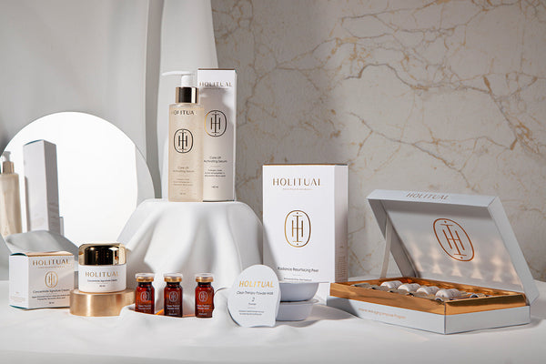 Discover HOLITUAL: Where Tradition Meets Innovation in Skincare with a display of HOLITUAL skincare products.