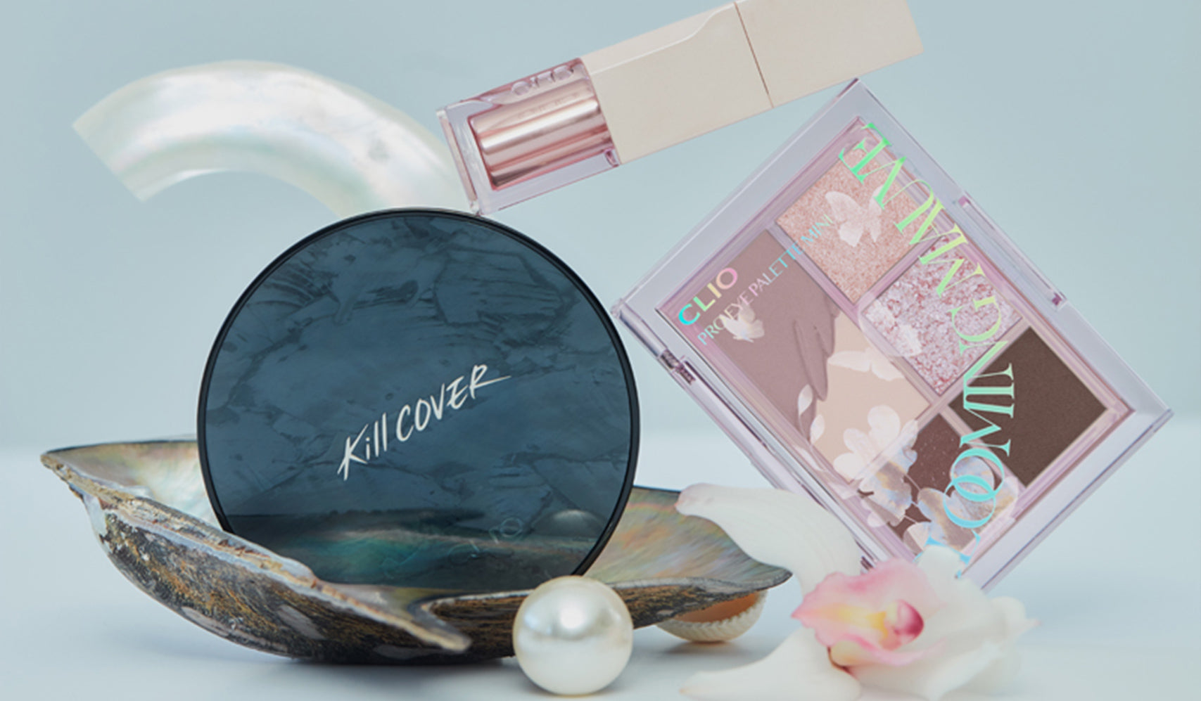 CLIO Makeup Lands in Cambodia: Shop Now on Koolseoul with Kill Cover compact, eyeshadow palette and lipstick on display.