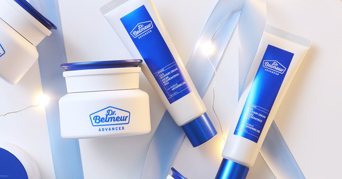 Transform Your Skin with DR.BELMEUR’s Dermatologist-Tested Products showcased with skincare tubes and jar.