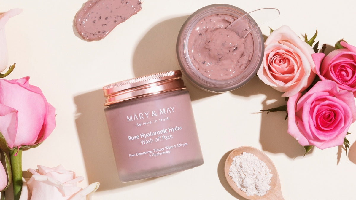 MARY&MAY: Elevating Your Skincare Routine with Korean Beauty Secrets! Rose Hyaluronic Hydra Wash Off Pack with roses and powder.
