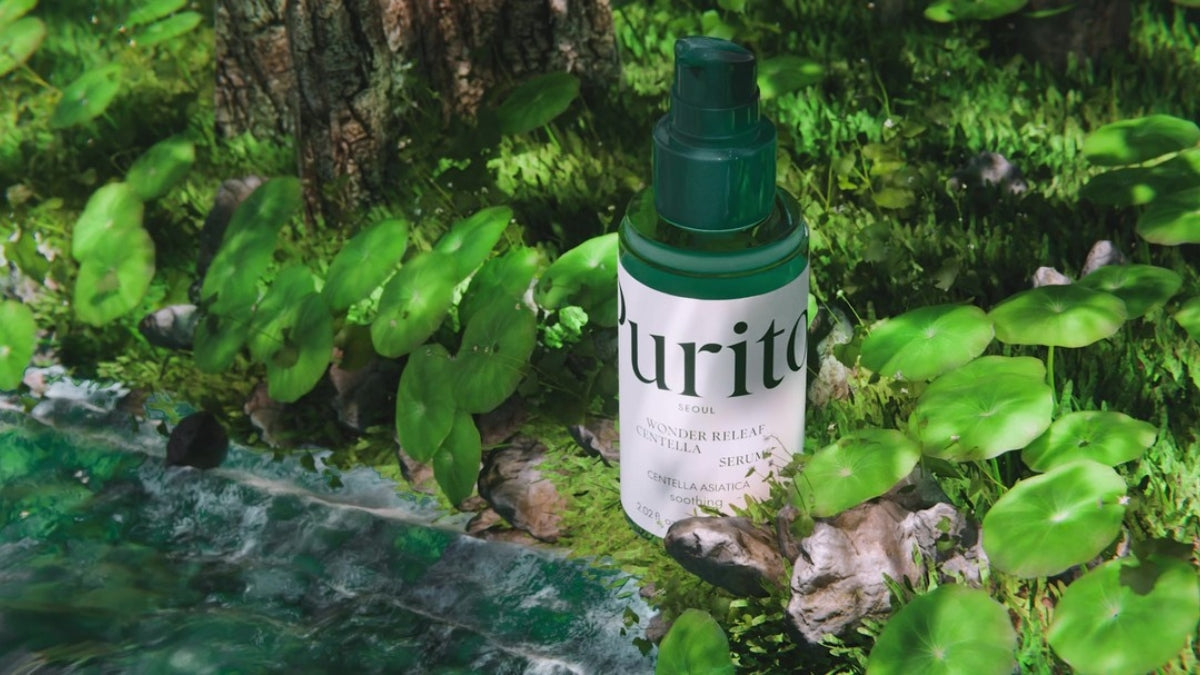 Discovering PURITO Embracing the Essence of Clean Beauty: skincare product in a lush green forest setting