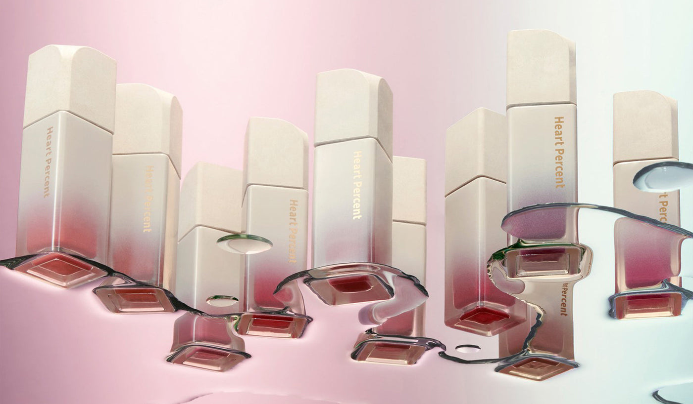 Heart Percent skincare bottles reflecting a fresh take on Korean skincare and cosmetics, emphasizing innovative beauty solutions.
