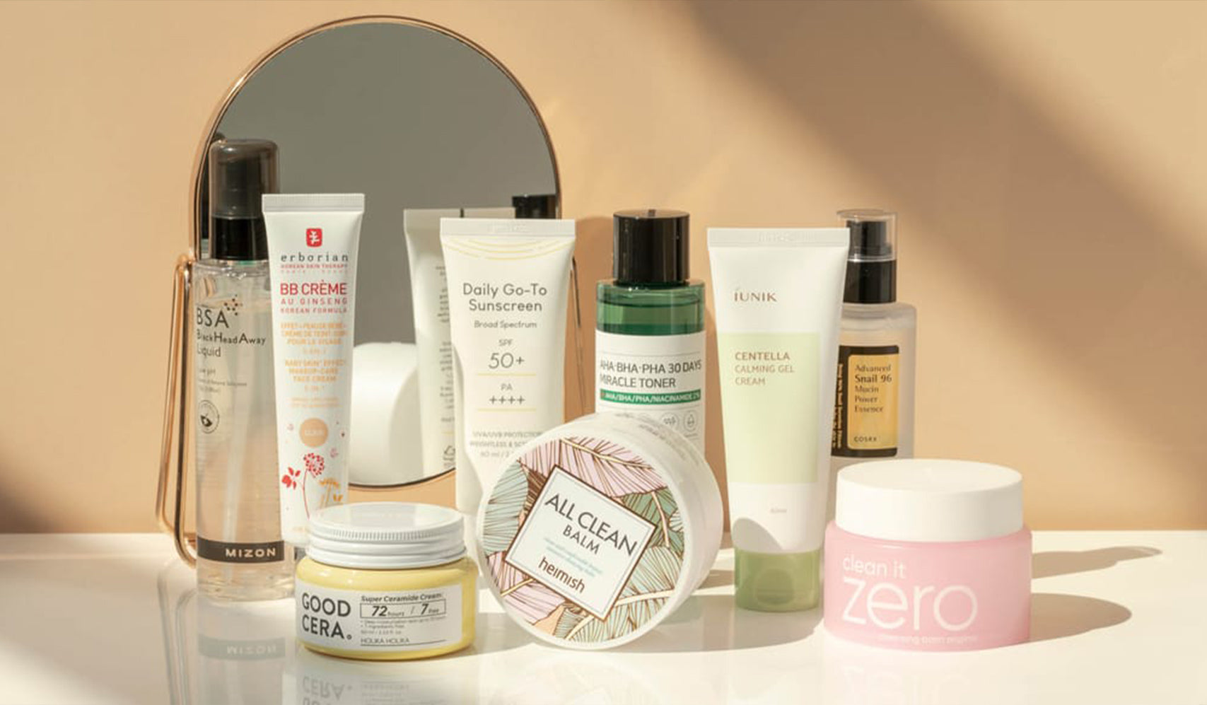 A collection of Korean cosmetic products showcasing Innovation Meets Nature: The Secret Behind Korean Cosmetics on a vanity table.