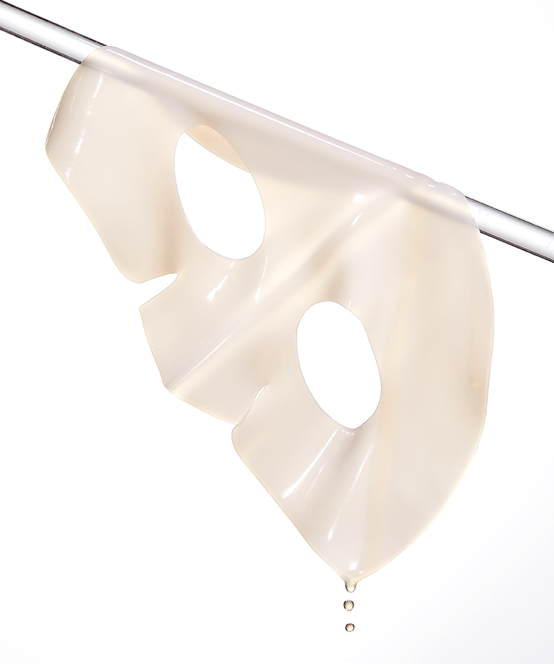 COSRX The Alpha-Arbutin Discoloration Care Hydrogel Mask (3EA) hanging to show hydrogel texture