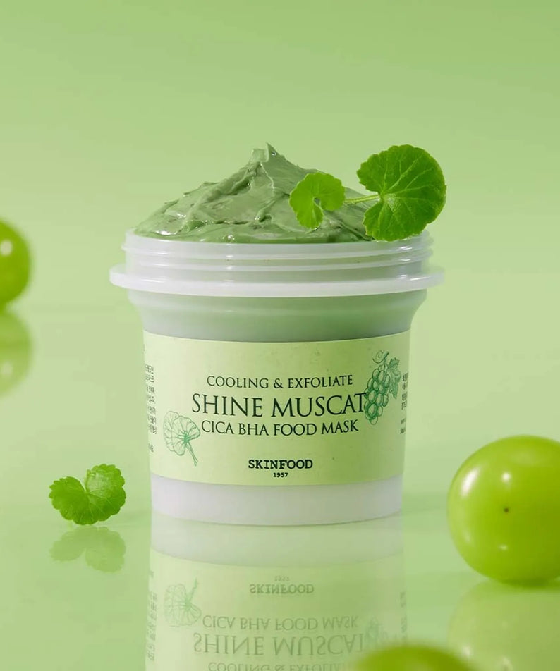 SKINFOOD Shine Muscat Cica Baja Food Mask 120g jar with green texture and grapes on a green background.