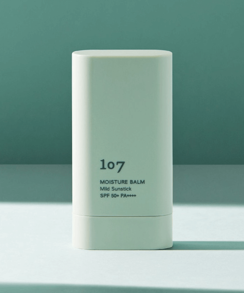 107 Moisture Balm Mild Sun Stick SPF50+PA++++ in minimalistic design, providing high sun protection in a convenient stick format