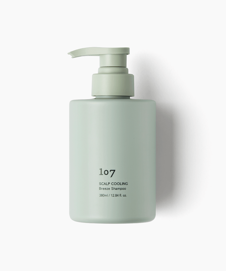 Bottle of 107 Scalp Cooling Breeze Shampoo 380ml with a gray pump dispenser.