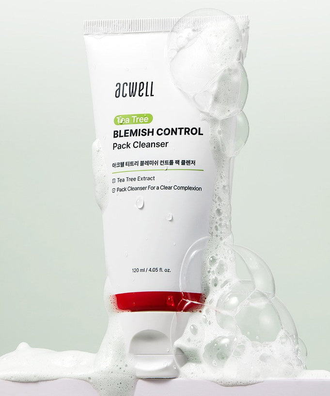 ACWELL Tea Tree Blemish Control Pack Cleanser 120ml with foam bubbles showing effective cleansing action