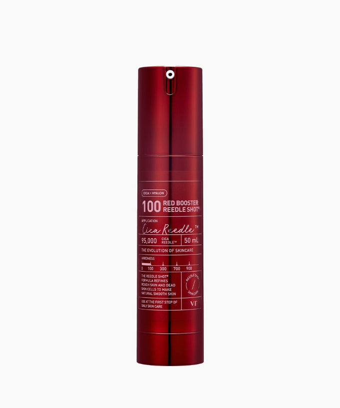 VT COSMETICS Red Booster Reedle ShotÂ® skincare product in red bottle, 50ml, with detailed label, isolated on light background.