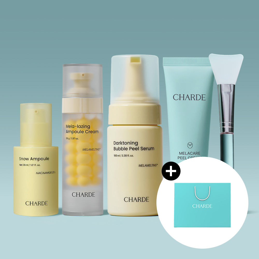 CHARDE Snow Ampoule, Mela-lazing Ampoule Cream, Darktoning Bubble Peel Serum & Melacare Peel Cream Mask & Brush Set - Korean skincare set