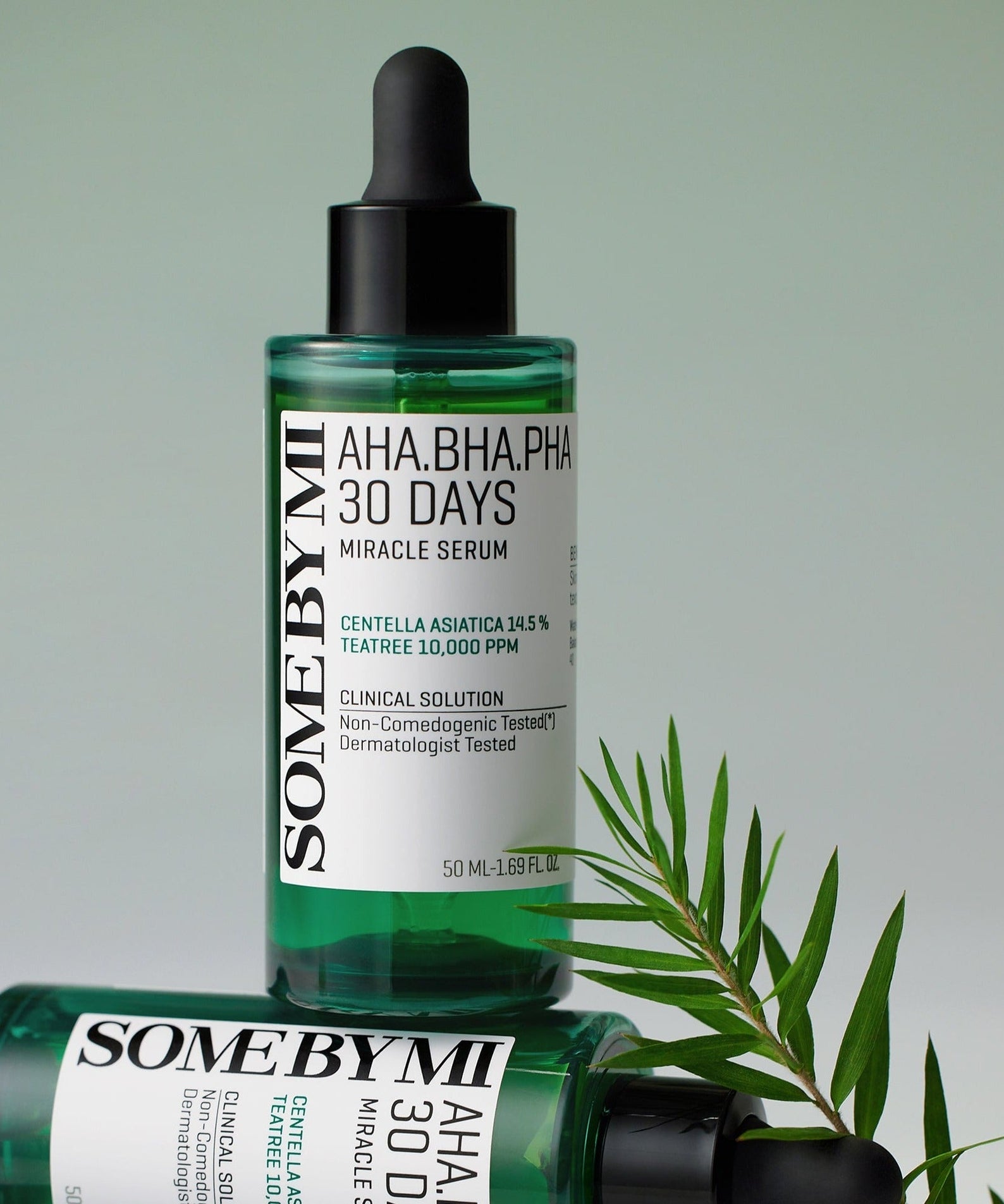 SOME BY MI AHA.BHA.PHA Miracle Serum 50ml bottle with green leaf background, featuring skincare formula details on label.