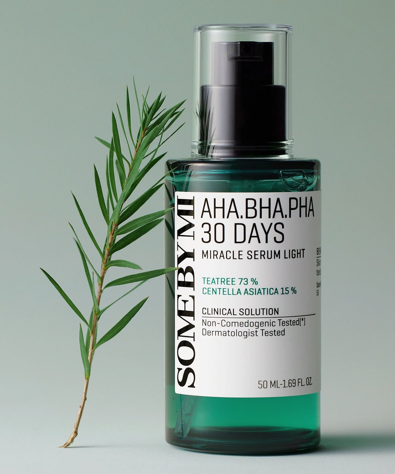 SOME BY MI AHA.BHA.PHA Miracle Serum Light 50ml bottle with tea tree and centella asiatica illustration.