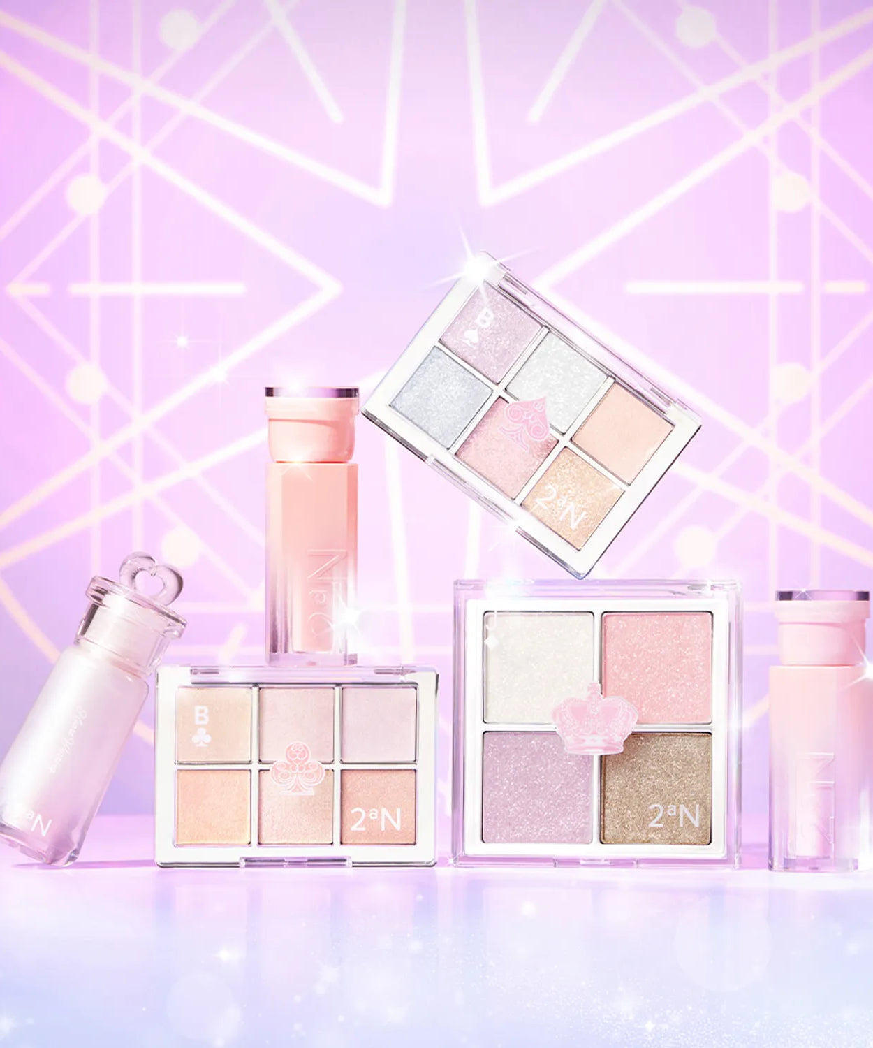 2AN Jelly Glow Highlighter Palette 10.8g with shimmering pastel shades against a geometric pink backdrop