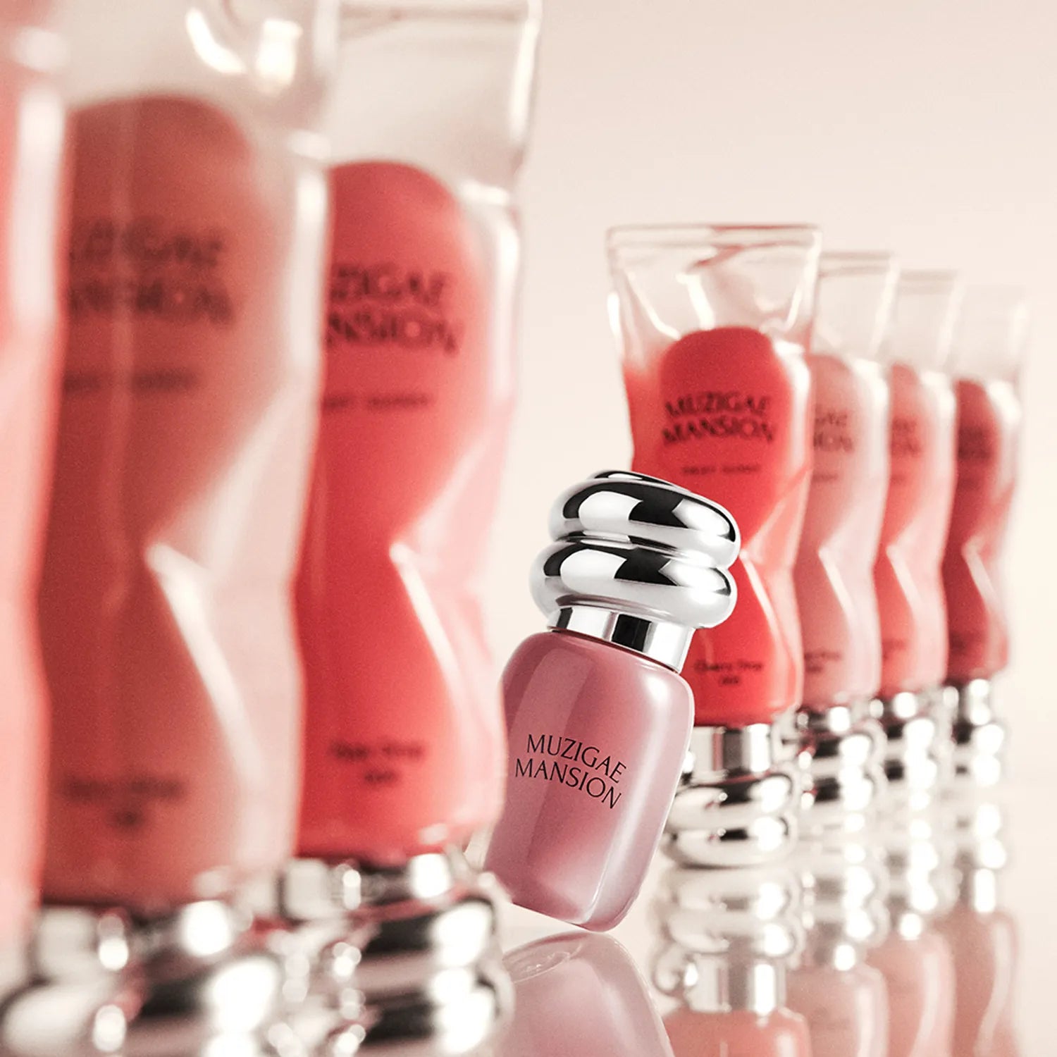 MUZIGAE MANSION Rainbow Mansion Object Glossy Mini 1.8g with vibrant colors and glossy finish displayed in a row on reflective surface