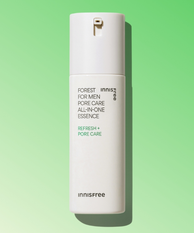 INNISFREE Forest for Men Pore Care ALL IN ONE Essence 100ml bottle on green background