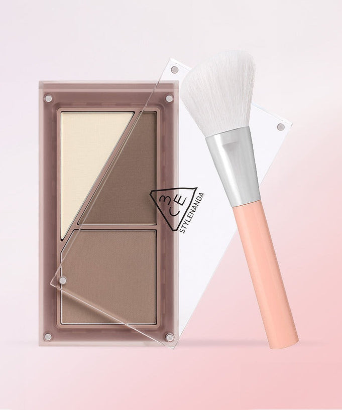 3CE Layer It All Contour Palette 9.5g with brush on pink background