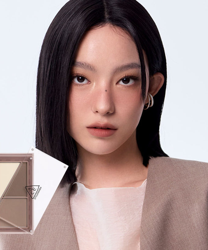 3CE Layer It All Contour Palette 9.5g displayed with model showcasing makeup look