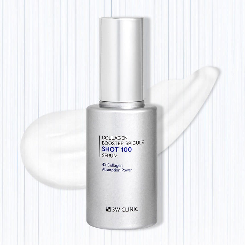 3W CLINIC Collagen Booster Speackle Shot 100 Serum 50ml bottle with product texture in background