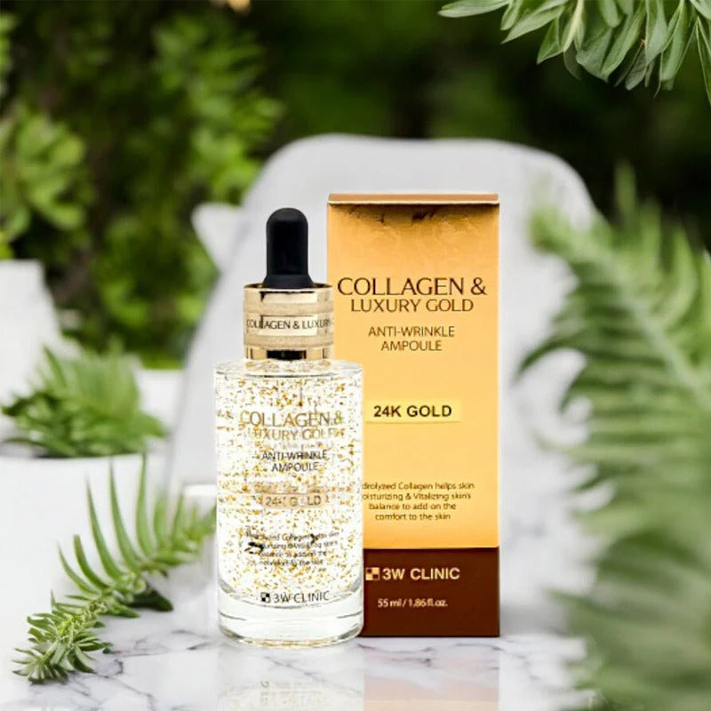 3W CLINIC Collagen & Luxury Gold Anti-Wrinkle Ampoule 55ml product image featuring packaging and lush greenery.