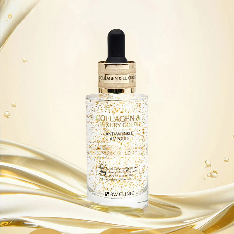 3W CLINIC Collagen & Luxury Gold Anti-Wrinkle Ampoule 55ml bottle with golden specks against a luxurious background