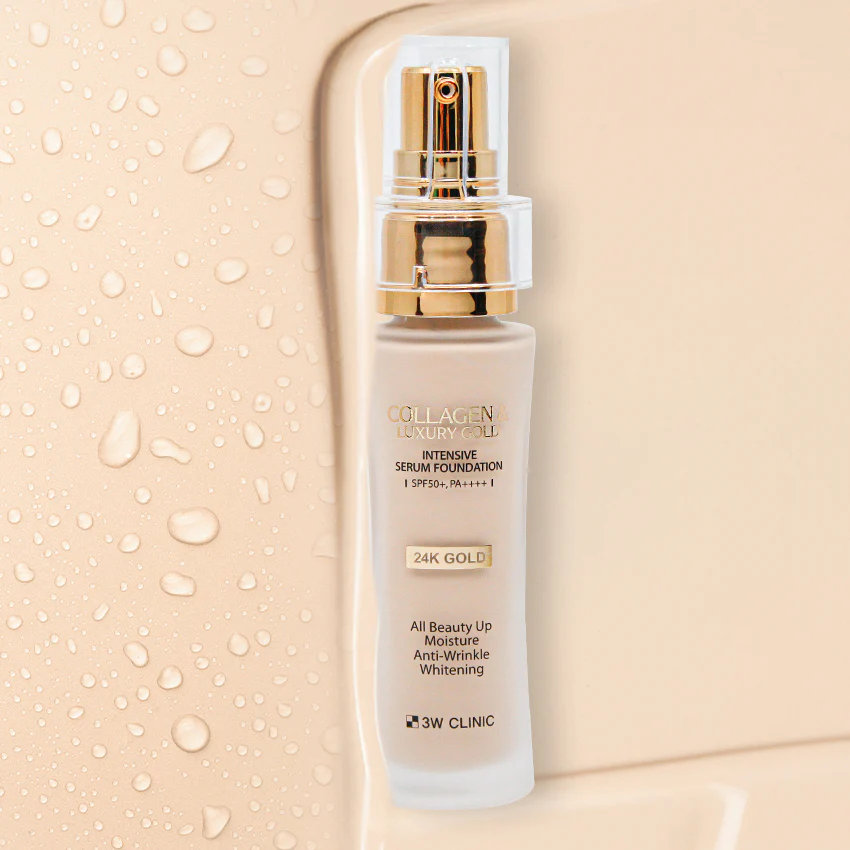 3W CLINIC Collagen & Luxury Gold Intensive Serum Foundation 40g bottle against beige background.
