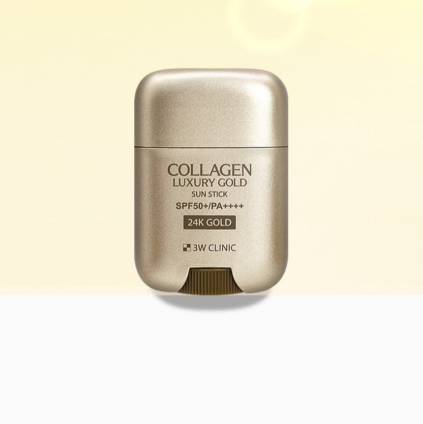 3W CLINIC Collagen & Luxury Gold Sun Stick 18g with SPF50+ and PA++++ in a gold container