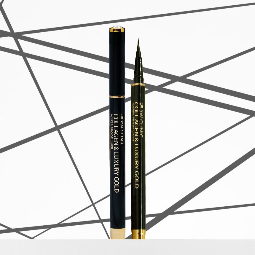 3W CLINIC Collagen & Luxury Gold Waterproof Liner 0.8g against abstract background