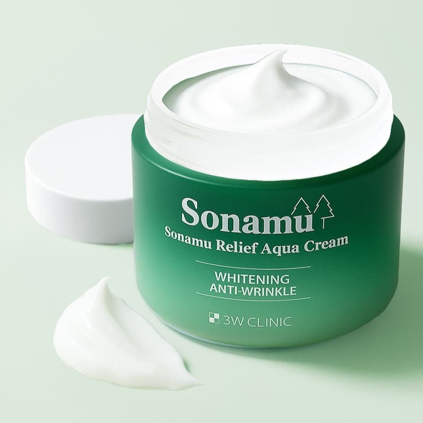 3W CLINIC Pine Relief Aqua Cream 110g open jar with white cream on green surface