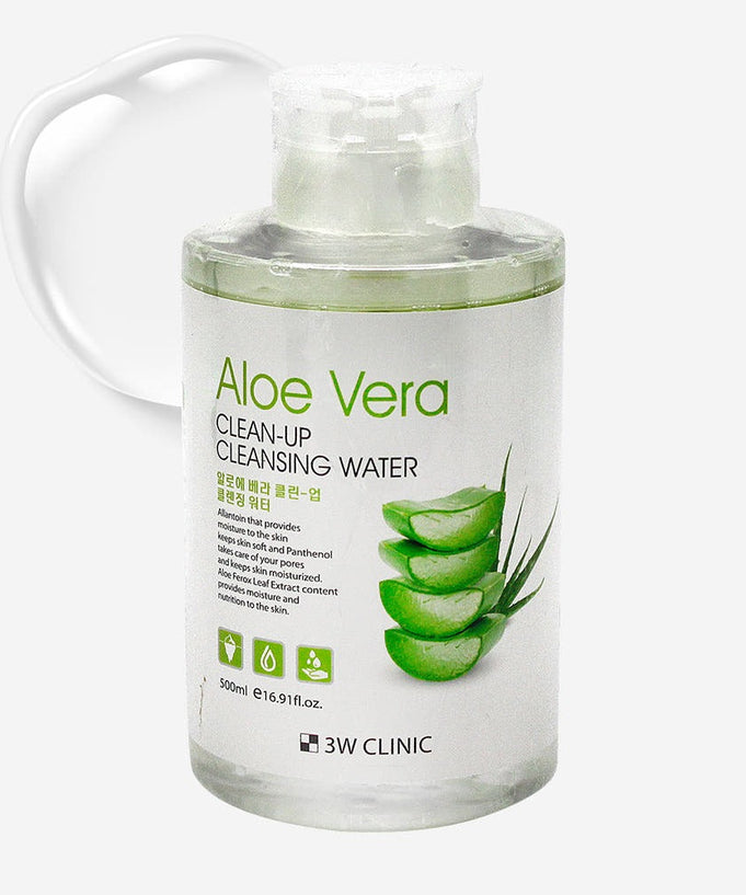 3W CLINIC Aloe Vera Clean Up Cleansing Water 500ml bottle with label and aloe vera leaves.