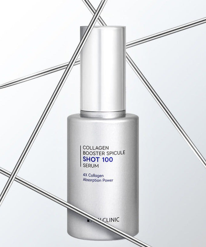 3W CLINIC Collagen Booster Speackle Shot 100 Serum 50ml bottle against geometric background