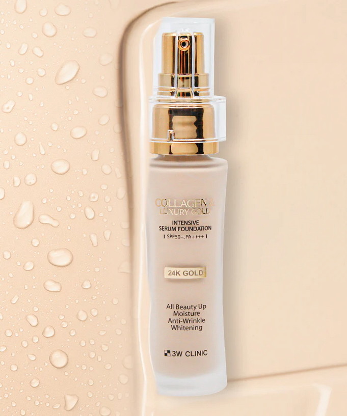 3W CLINIC Collagen & Luxury Gold Intensive Serum Foundation 40g bottle against beige background.