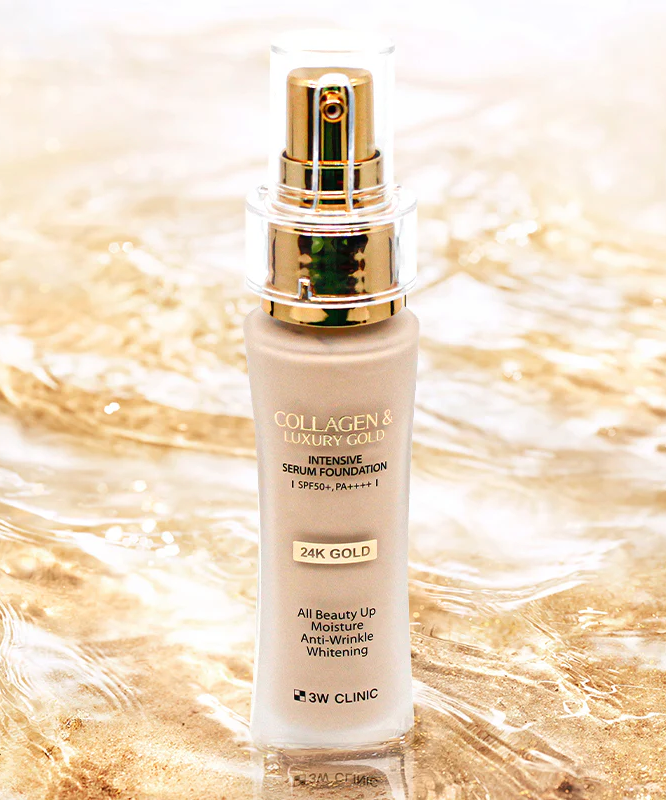 3W CLINIC Collagen & Luxury Gold Intensive Serum Foundation 40g on a shimmering surface