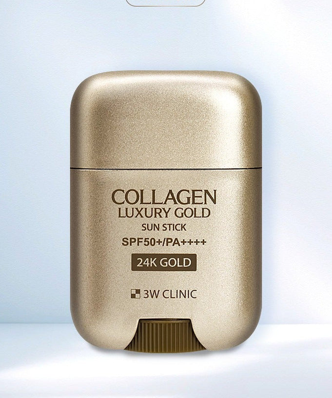 3W CLINIC Collagen & Luxury Gold Sun Stick 18g SPF50+ in gold packaging