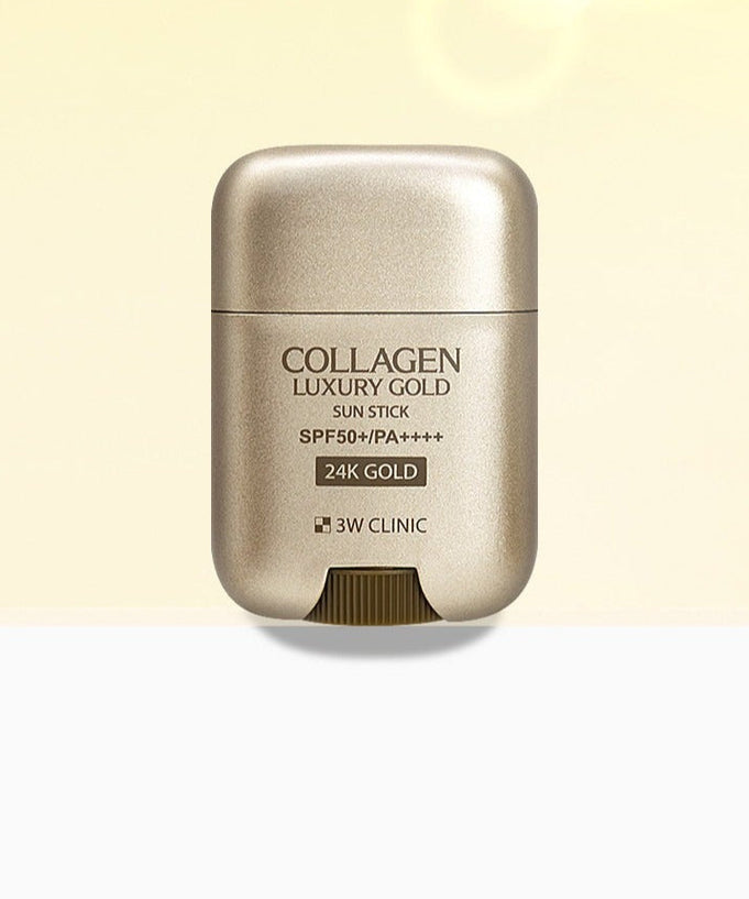 3W CLINIC Collagen & Luxury Gold Sun Stick 18g with SPF50+ and PA++++ in a gold container