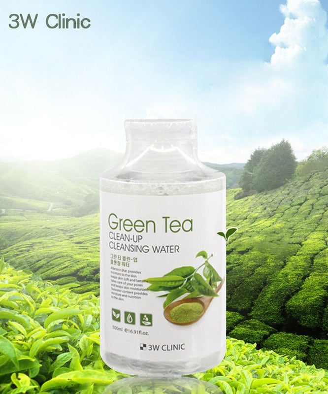 3W CLINIC Green Tea Clean Up Cleansing Water 500ml bottle with lush green tea field background.