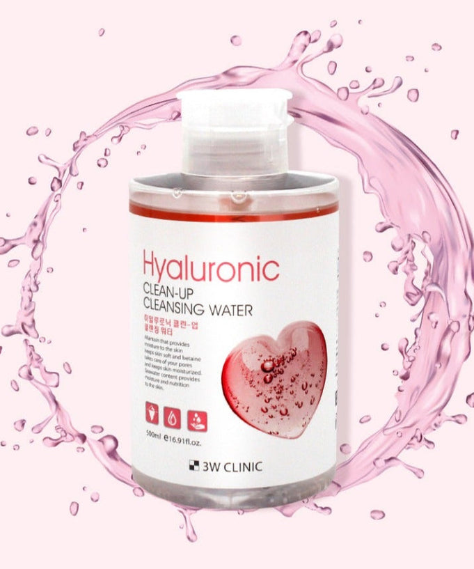 3W CLINIC Hyaluronic Clean Up Cleansing Water 500ml bottle with pink splash background