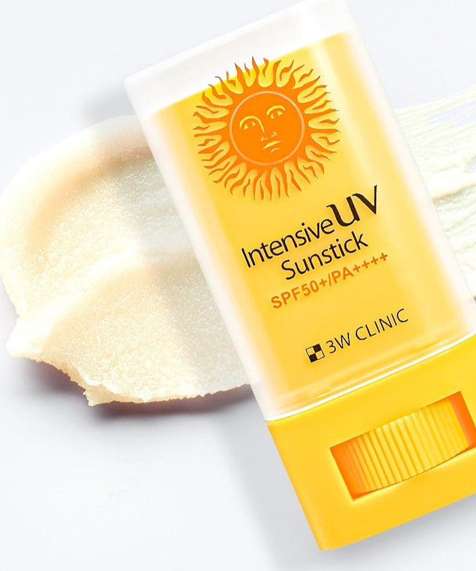 3W CLINIC Intensive UV Sun Sticks 20g SPF50+ shown with texture application on white background