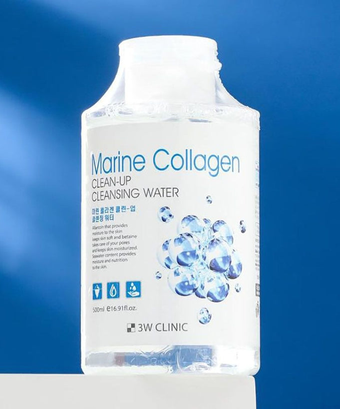 3W CLINIC Marine Collagen Clean Up Cleansing Water 500ml bottle on blue background