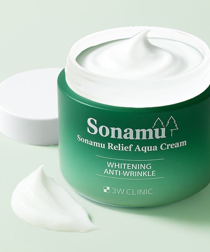 3W CLINIC Pine Relief Aqua Cream 110g open jar with white cream on green surface