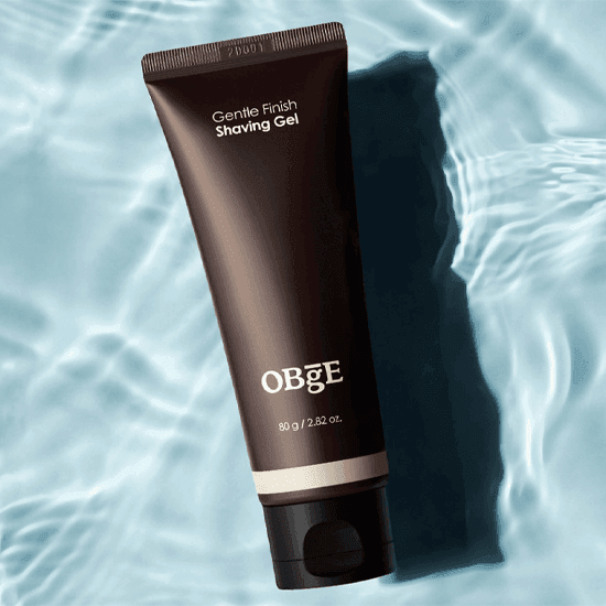OBGE Gentle Finish Shaving Gel 80g tube on water background for Gentlemen Korea - moisturizing men's shaving gel