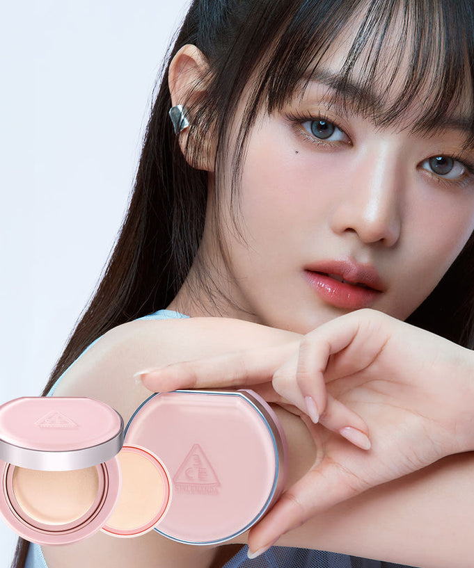 3CE Fitting Mesh Cushion SPF40, PA+++ 11g + Refill 11g with model showcasing product