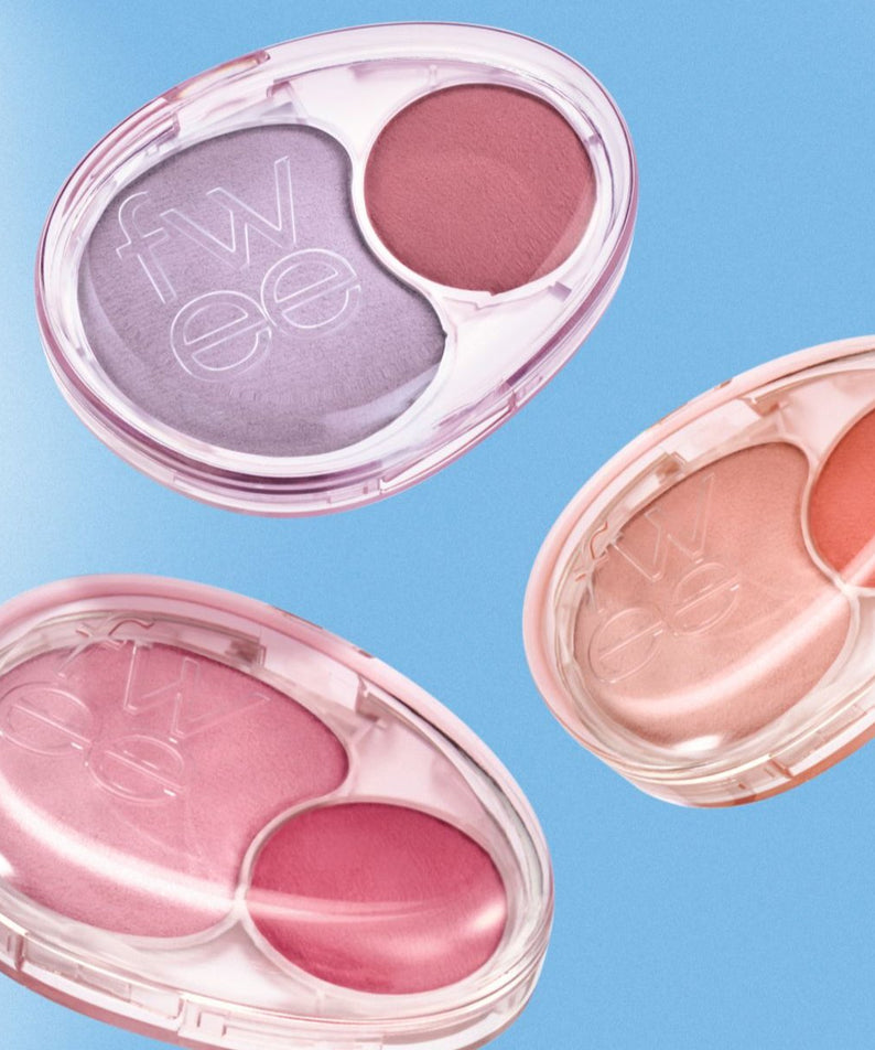 FWEE mellow Dual Blush on blue background, showcasing pastel pink and lavender blush shades.